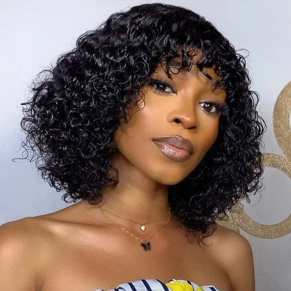 XSYWIG Glueless Wig Super Easy Curly Wig With Bangs Top Lace Wig