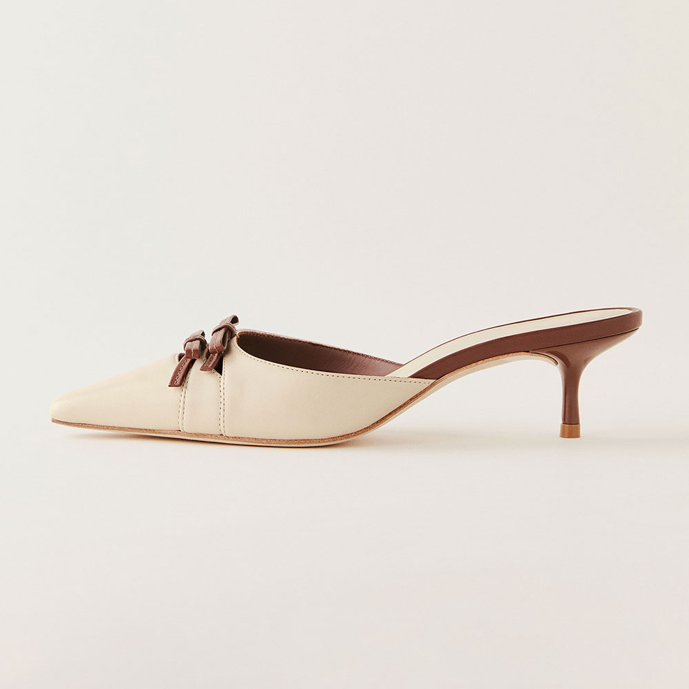 Beige Snip Toe Kitten Heel Double Bows Accent Womens Mules Shoes Nicepairs