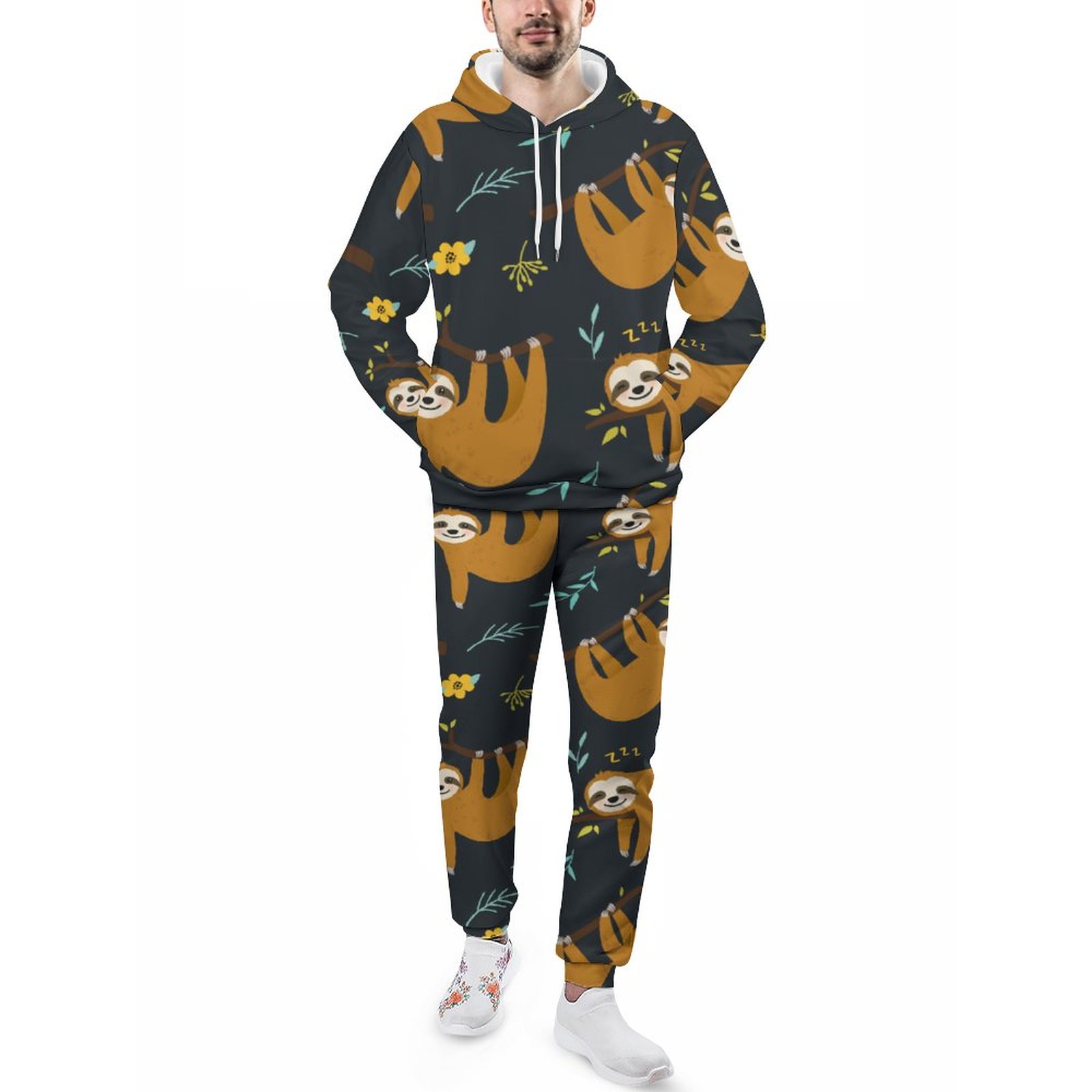 Grey Brown Adorable Sloths On The Tree Men's Sweatsuits Set Guys Casual Athletic Pullover And Sweatpants Suit Outfit