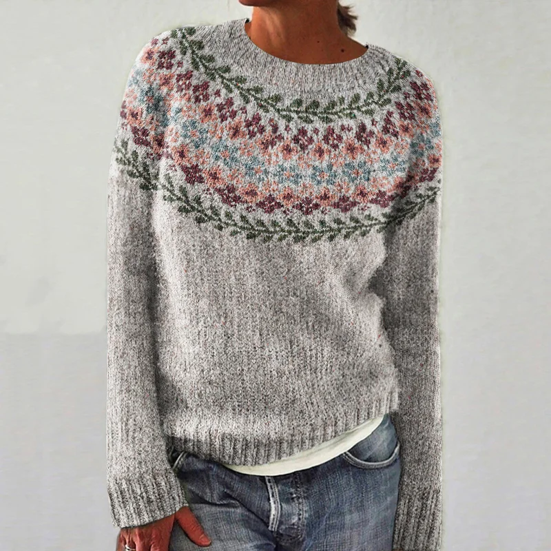 Vintage Tribal Floral Geometry Icelandic Knit Pullover Sweater