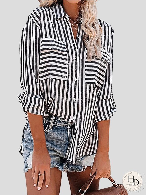 Blouses Striped Single-Breasted Long Sleeve Blouse for Women
