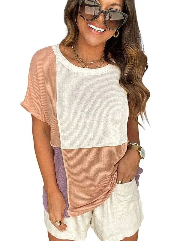 Women's Loose Contrast Color Printed Short-Sleeved T-Shirt