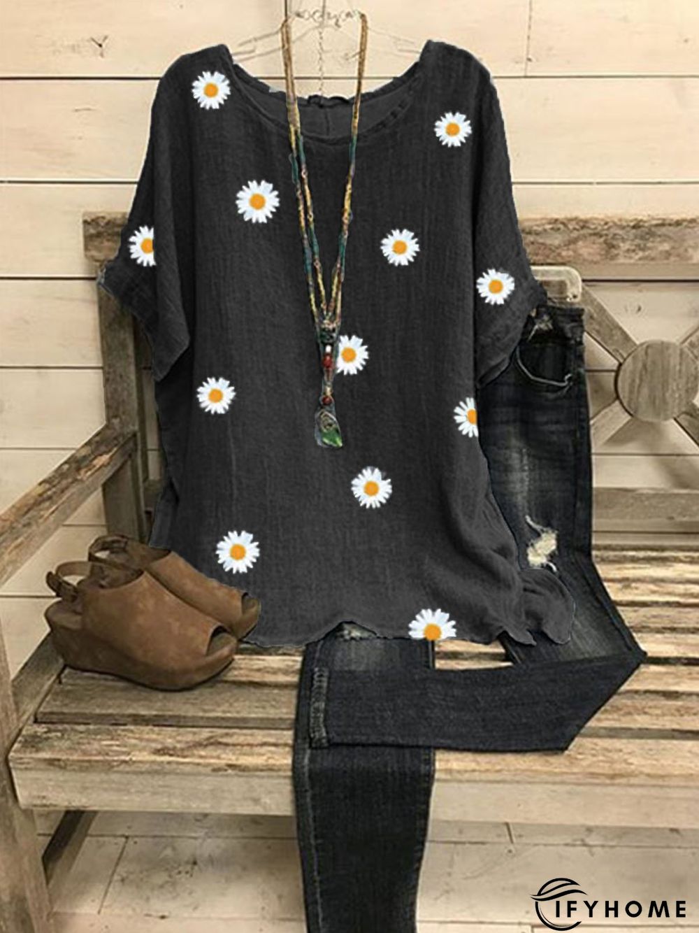 Gray Cotton-Blend Short Sleeve Floral Tops | IFYHOME