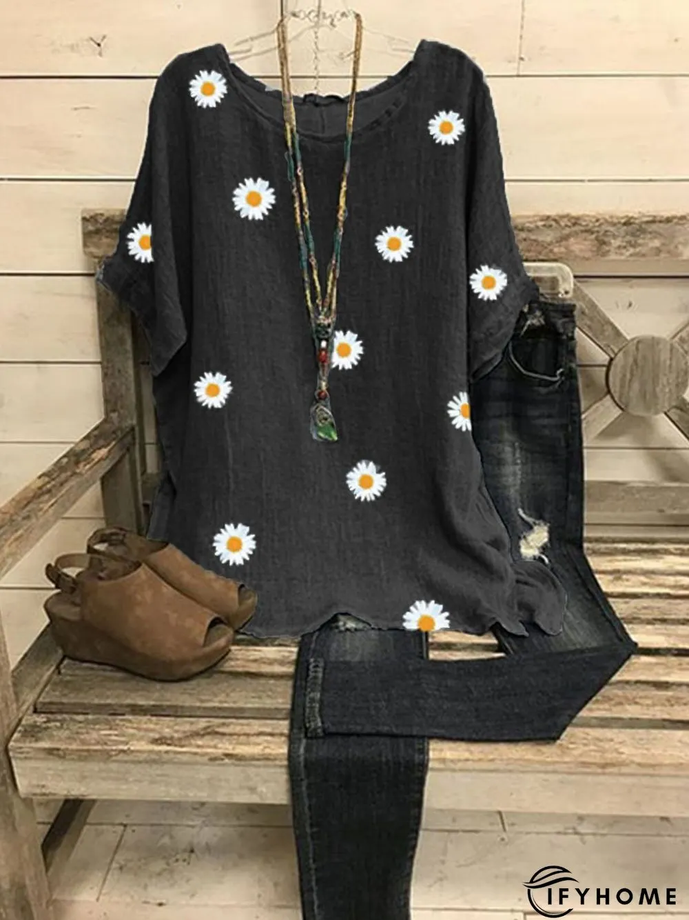 Gray Cotton-Blend Short Sleeve Floral Tops | IFYHOME