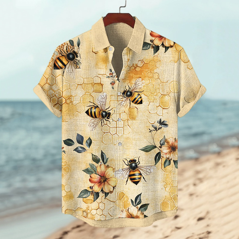 Men's Vintage Flowers And Bees Graphics Short Sleeve Shirt  artssus