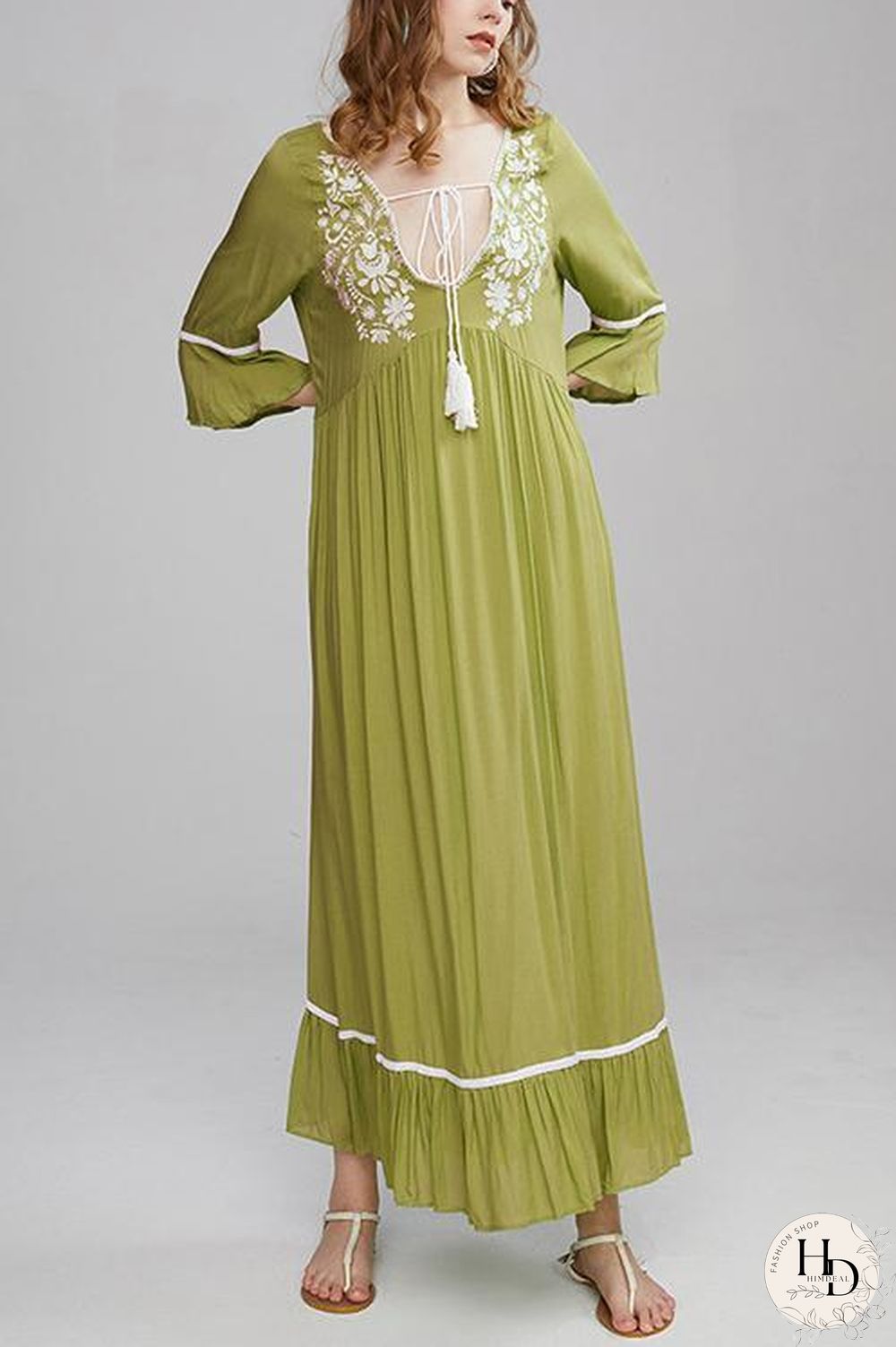 Embroidery Flares Sleeve Maxi Dress