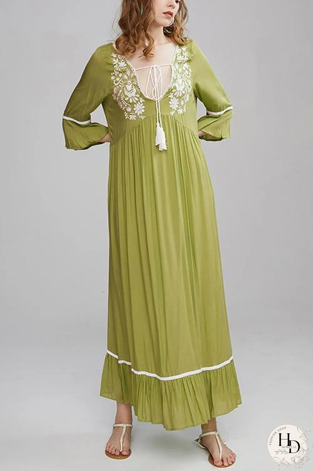 Embroidery Flares Sleeve Maxi Dress