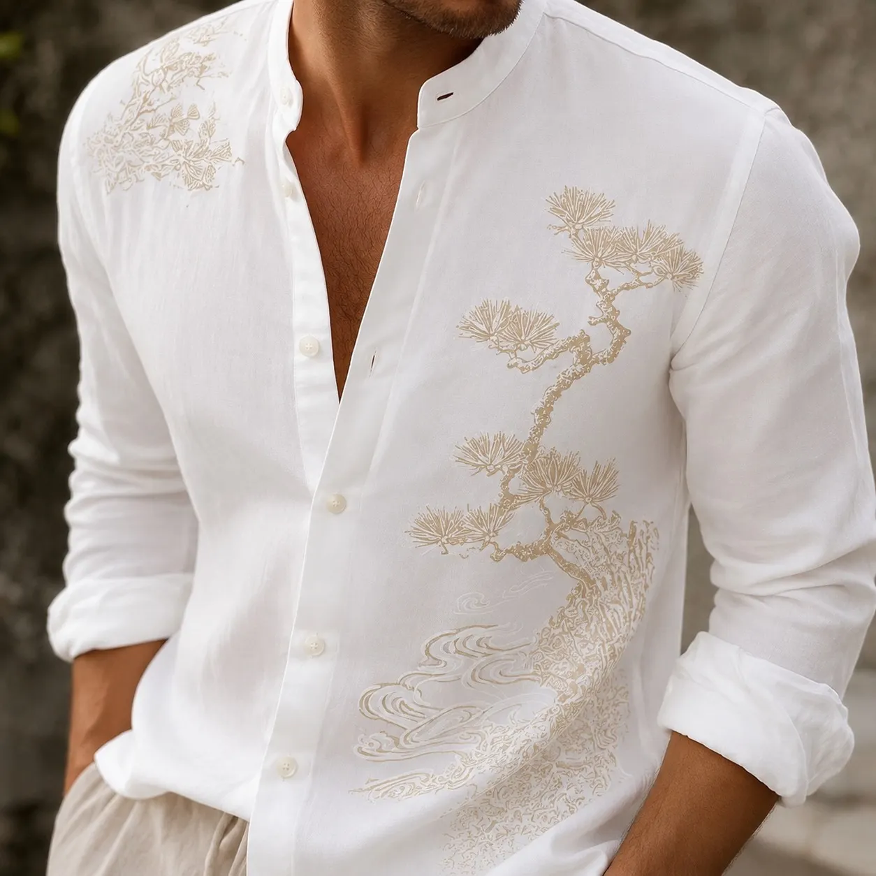 Men's Vintage Pine Tree Art Pattern Linen Blend Shirt  artssus