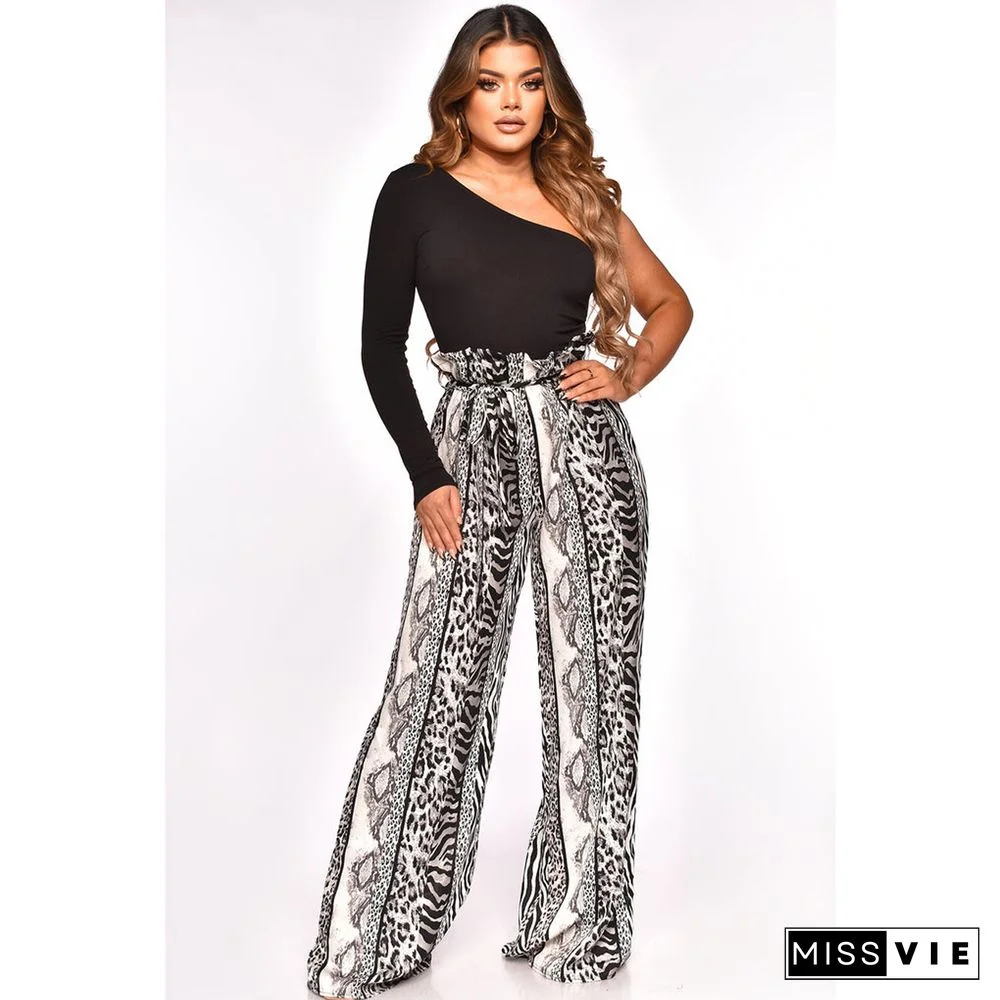 Single Shoulder Patchwork Lace Up Wide Leg Jumpsuits