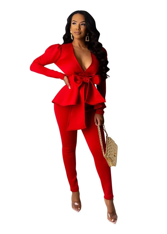Women Winter Women's Set Tracksuit Full Sleeve Ruffles Bow Blazers Pants Suit Two Piece Set Office Lady Business Uniform