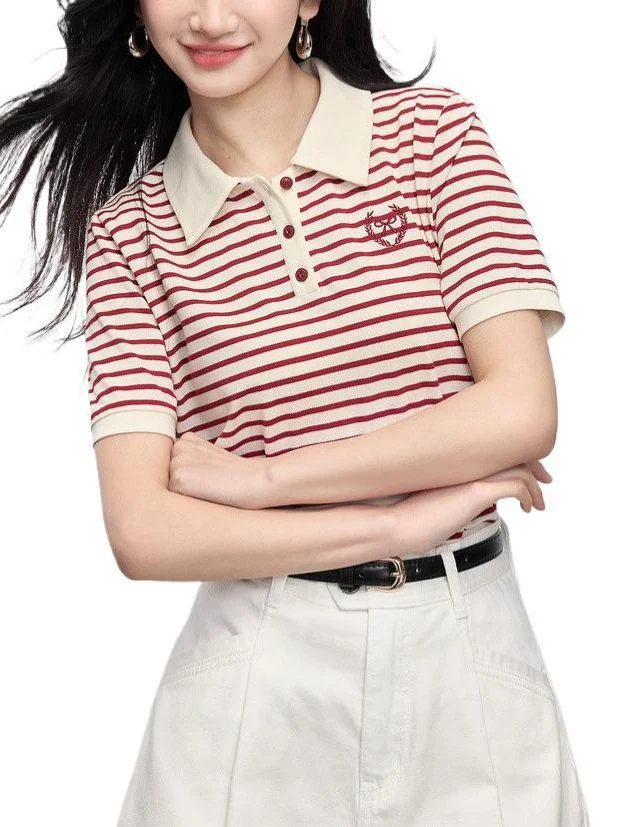 Athvotar Athvotar Striped Embroidery POLO Shirt 2025 Summer New Bing Color Reduction Women's Short-Sleeved T-Shirt