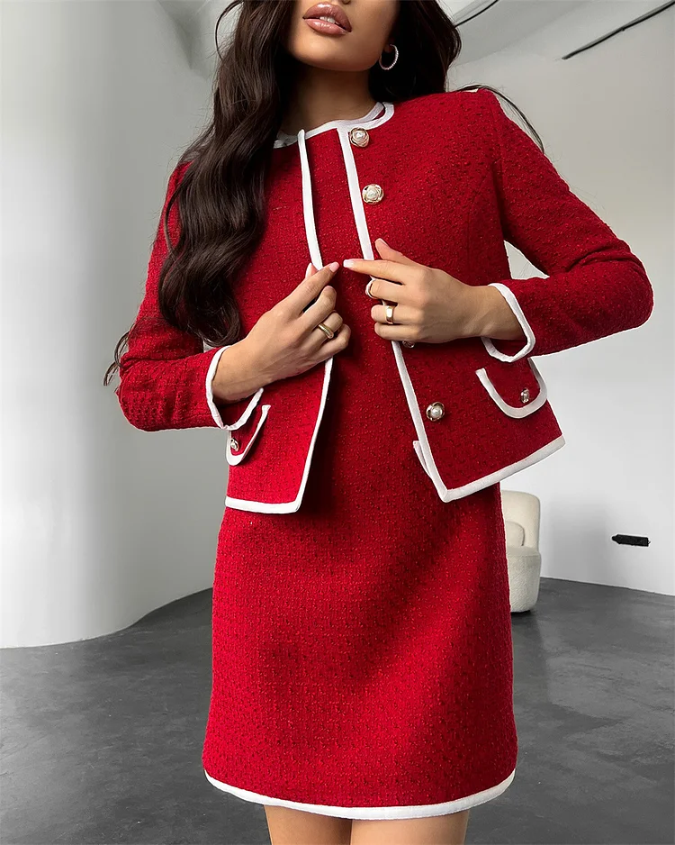 Women's Solid Color Tweed Two Piece Suit