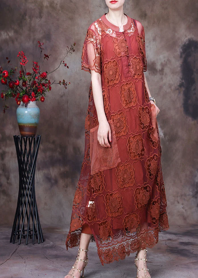 Fashion Purple O-Neck Big Pockets Hollow Out Lace Dress And Spaghetti Strap Dress Two Piece Set Short Sleeve