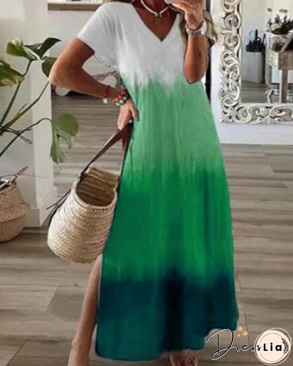 Casual Vintage Gradient Short Sleeve V-Neck Maxi Dress