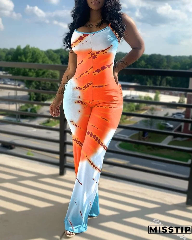 Printed Solid Color Straps Jumpsuit