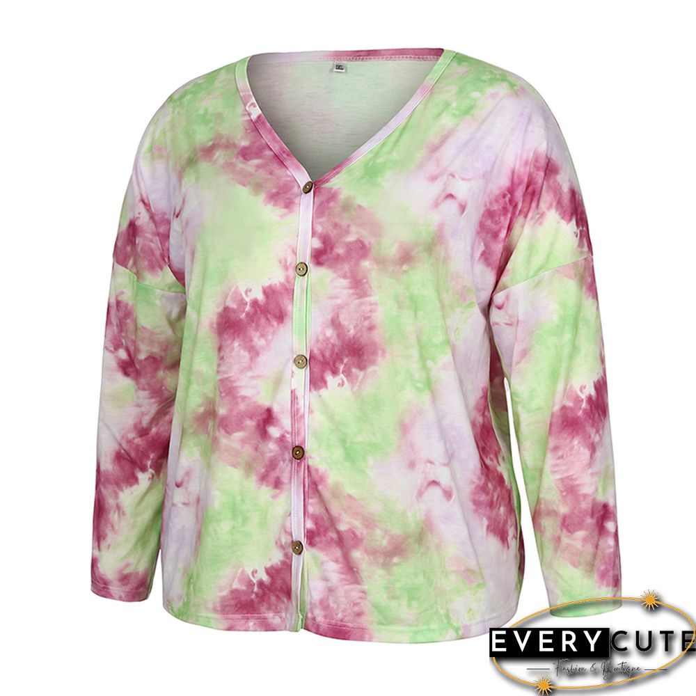 Rosy Tie Dye Button Front Plus Size Blouse