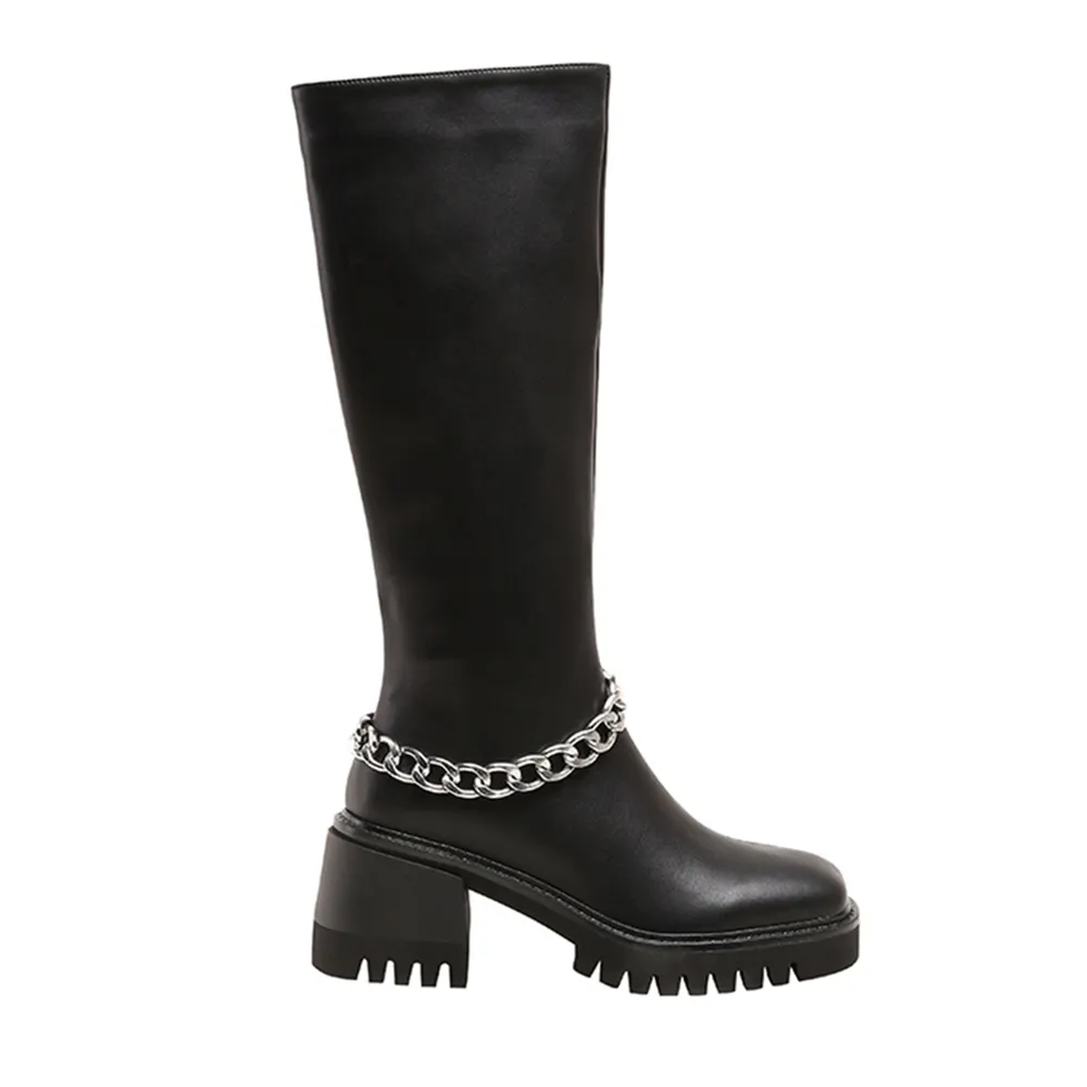 70mm Square Toe Block Heel Chain Rider Boots-vocosishoes