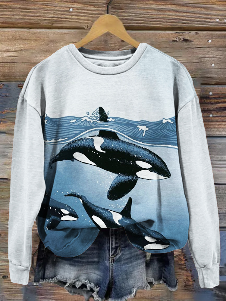 Whales & Waves Art Graphic Casual Cozy Sweatshirt  artssus