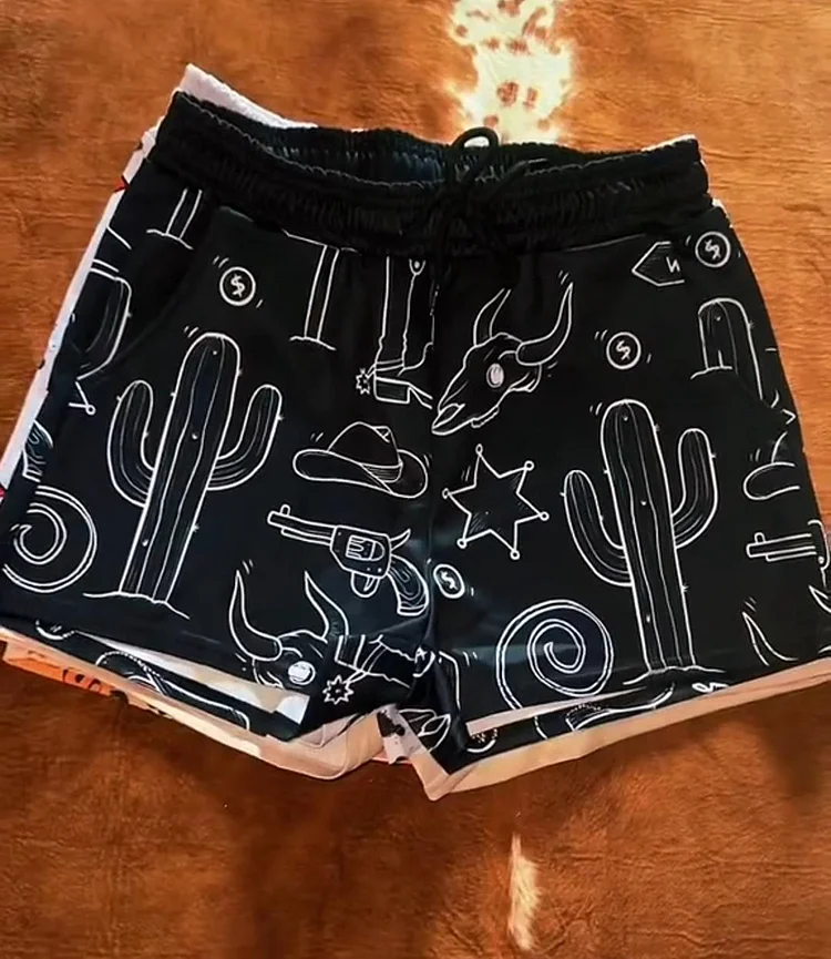 Black Western Pattern Print Shorts