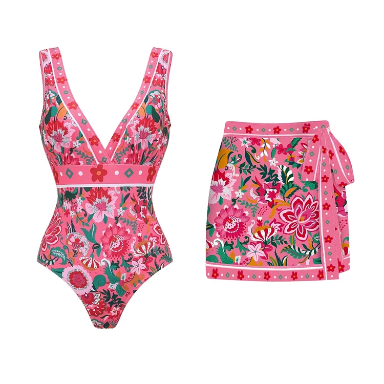 Pink Floral Paradise Print V-neck One Piece Swimsuit and Skirt