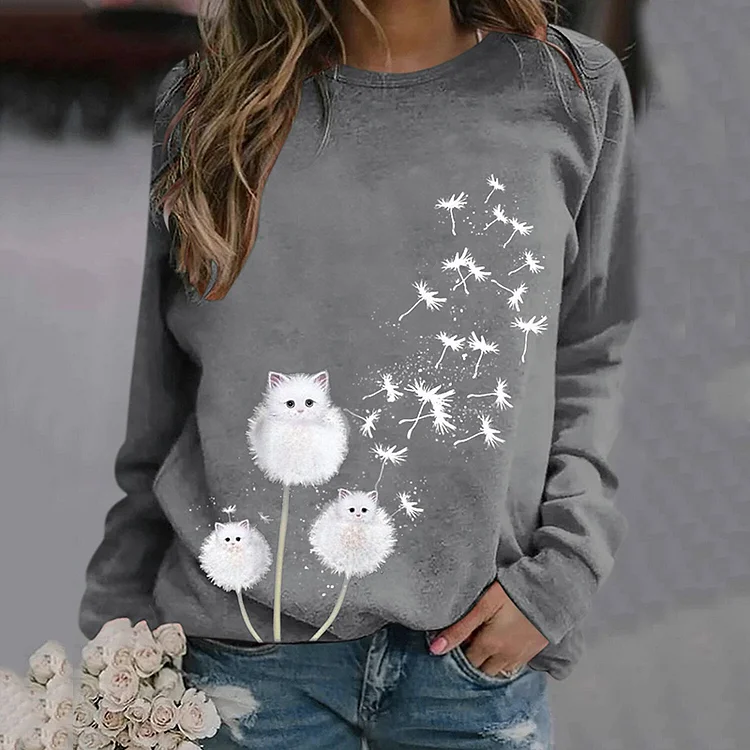 Cat Dandelion Print Round Neck Long Sleeve Sweatshirt
