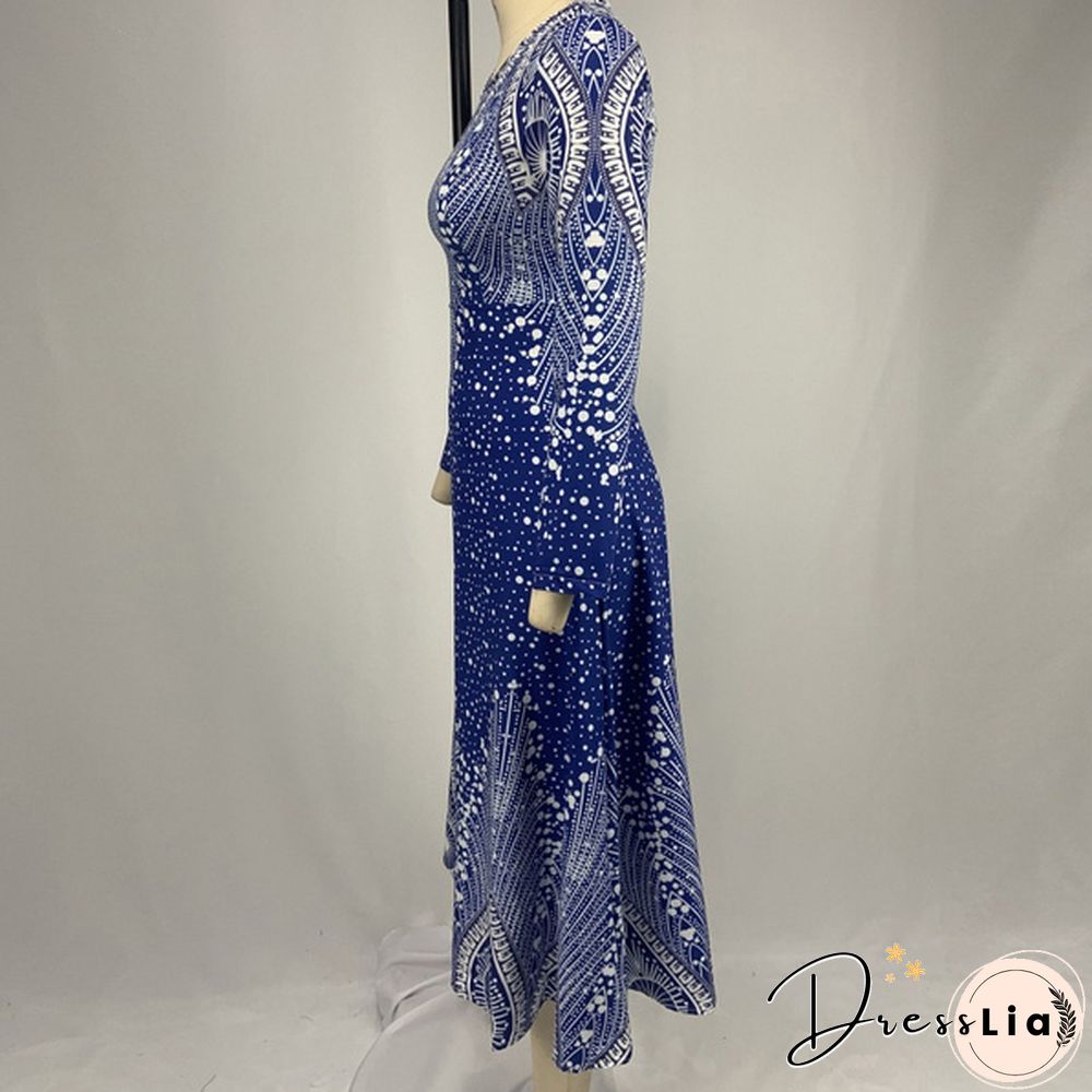 V-neck Retro Print Long-sleeved Dress Spring and Autumn Women's Clothing