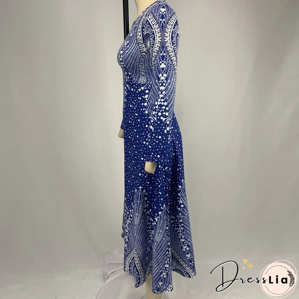 V-neck Retro Print Long-sleeved Dress Spring and Autumn Women's Clothing