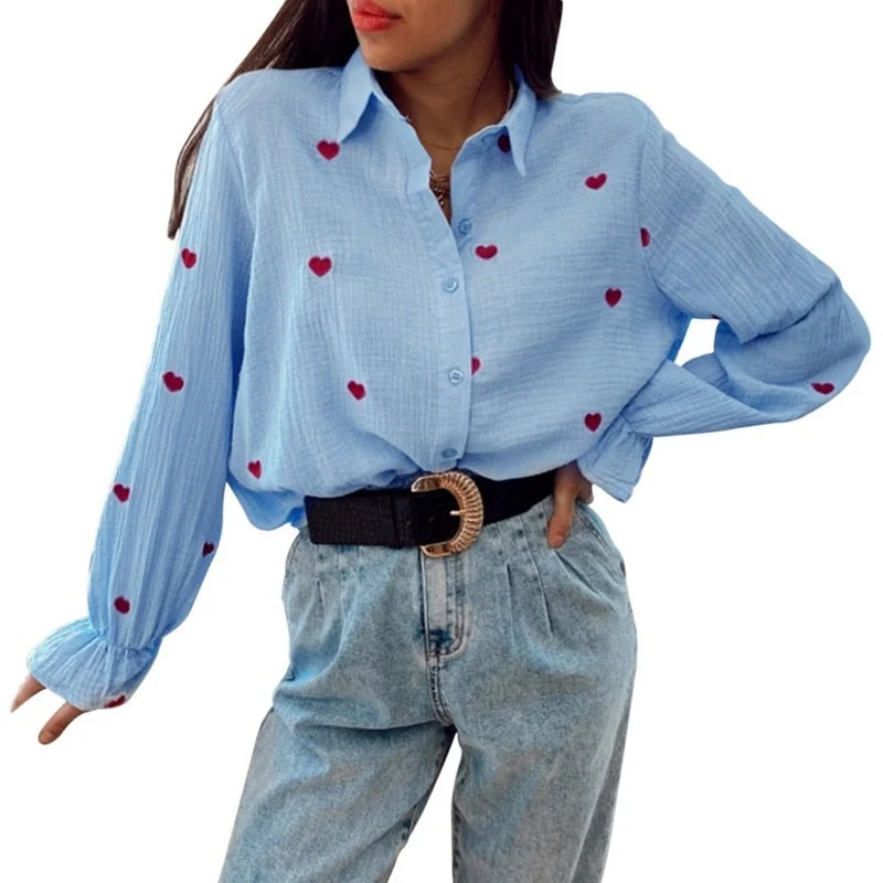 Muyogrt Fashion Casual Turn Down Collar Blouses Women Elegant Long Ruffles Sleeve Shirts Women Red Heart Embroidery Tops Ladies