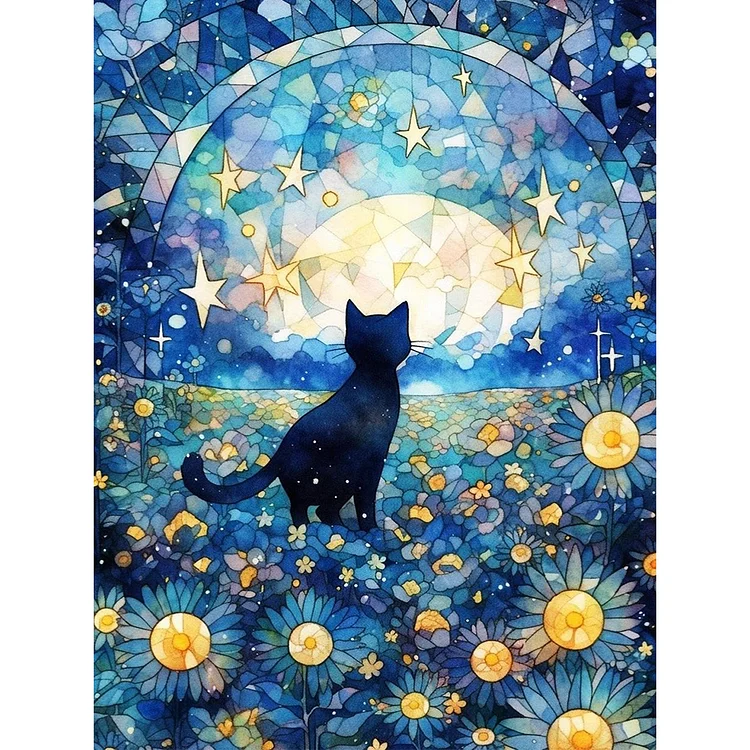 【Yishu Brand】Glass Art - Black Cat In The Moonlight 11CT Stamped Cross Stitch 50*65CM
