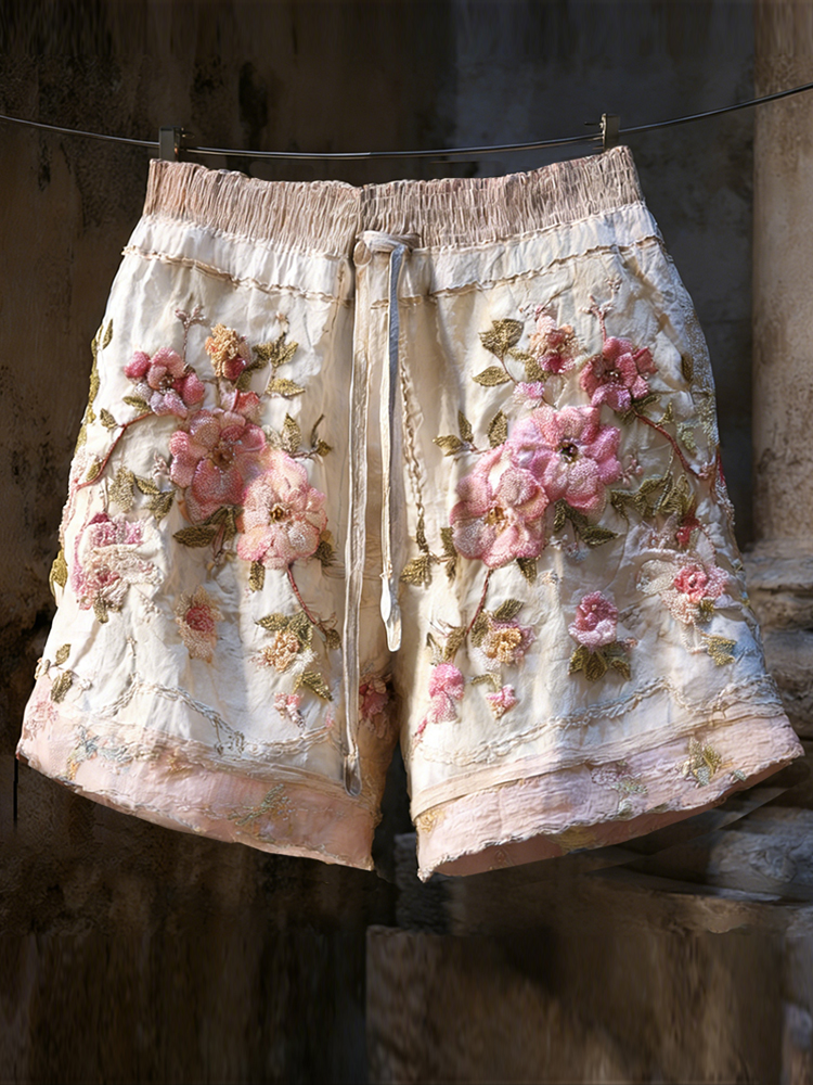 Vintage Pink Floral Art Embroidery Cotton Linen Casual Color-block Washed Shorts elevenforest