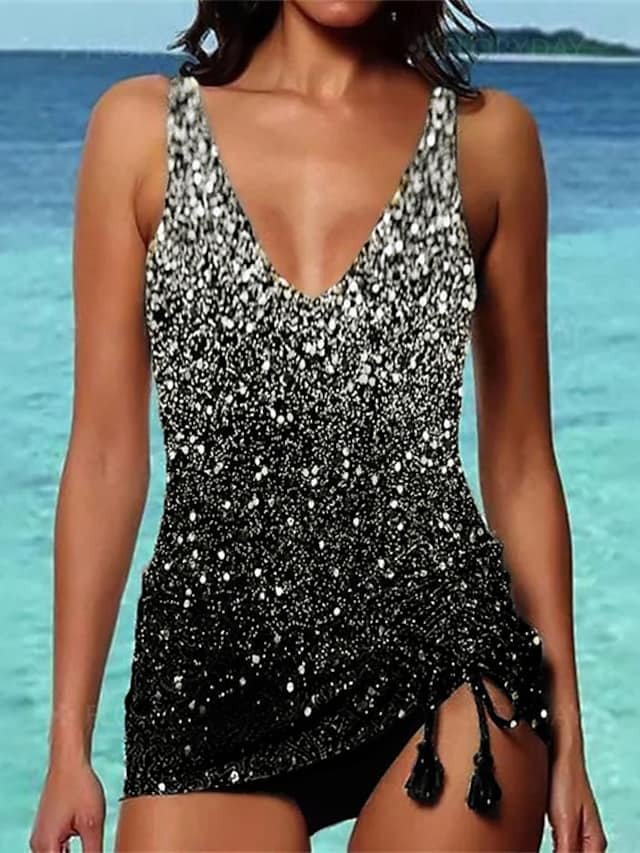 Women's Tankini 2 Piece Normal Swimsuit Pleated 2 Piece Open Back Sequin Swimwear