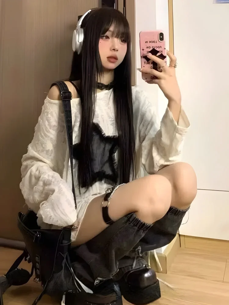 Brownm Grunge Star Distressed Sweater