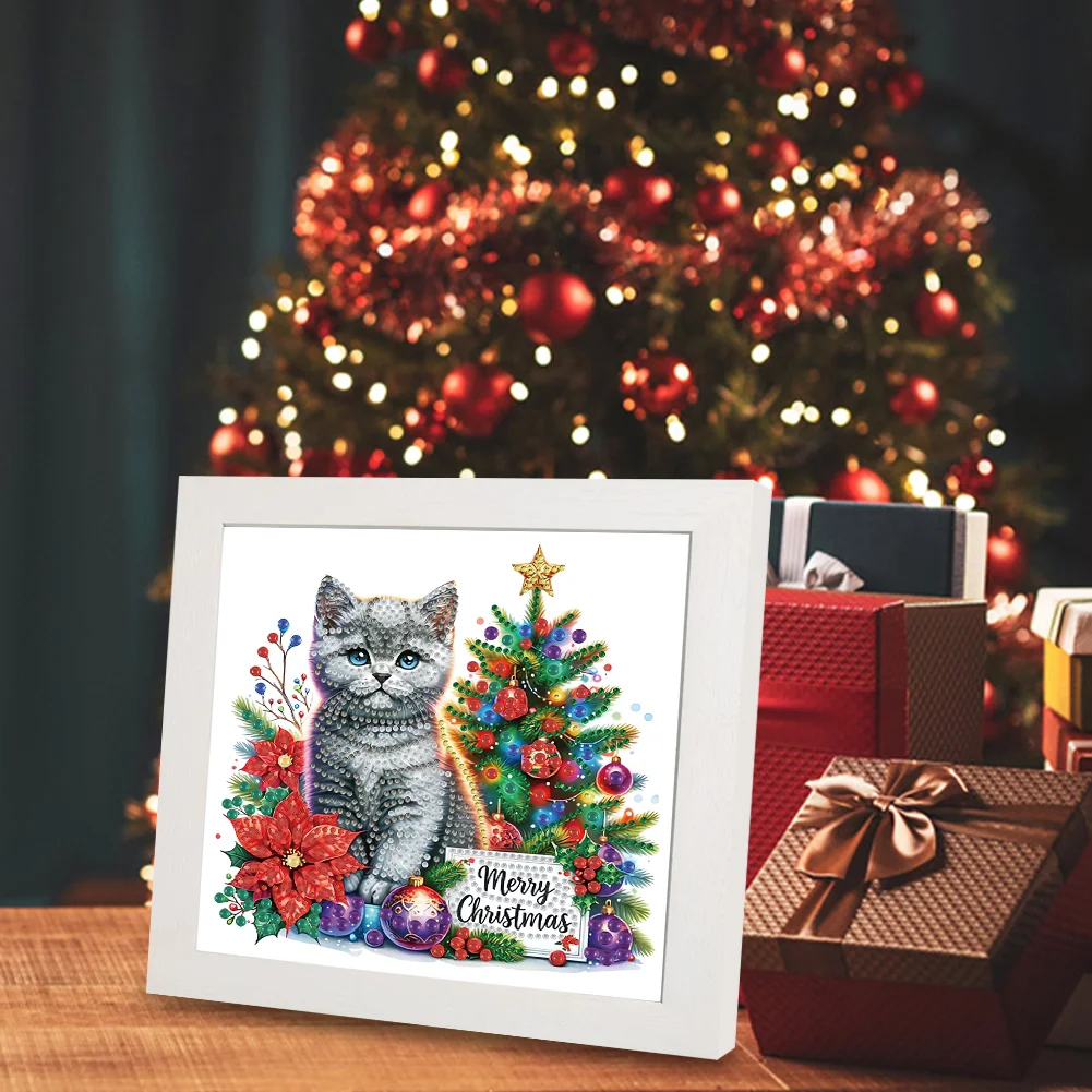 5D DIY Partial Special Shaped Drill Diamond Painting Christmas Cat 22.8x22.8cm【With Frame】
