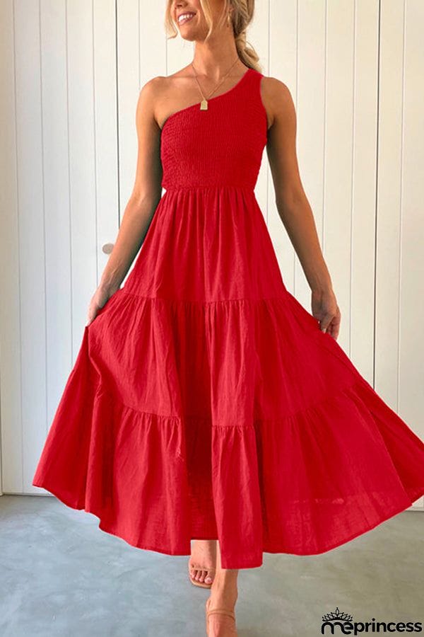 One Shoulder Sleeveless Smocked Ruffle Tiered Maxi Dress