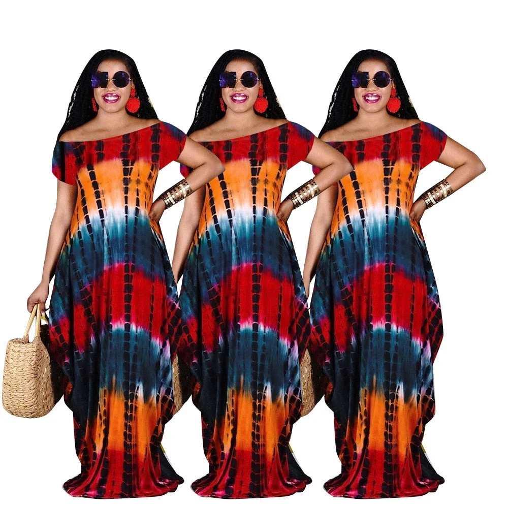 CM.YAYA Colorful Tie Dye Print Off Shoulder Women's Maxi Dress Streetwear Fashion with Pocket Loose Floort Length Long Dresses