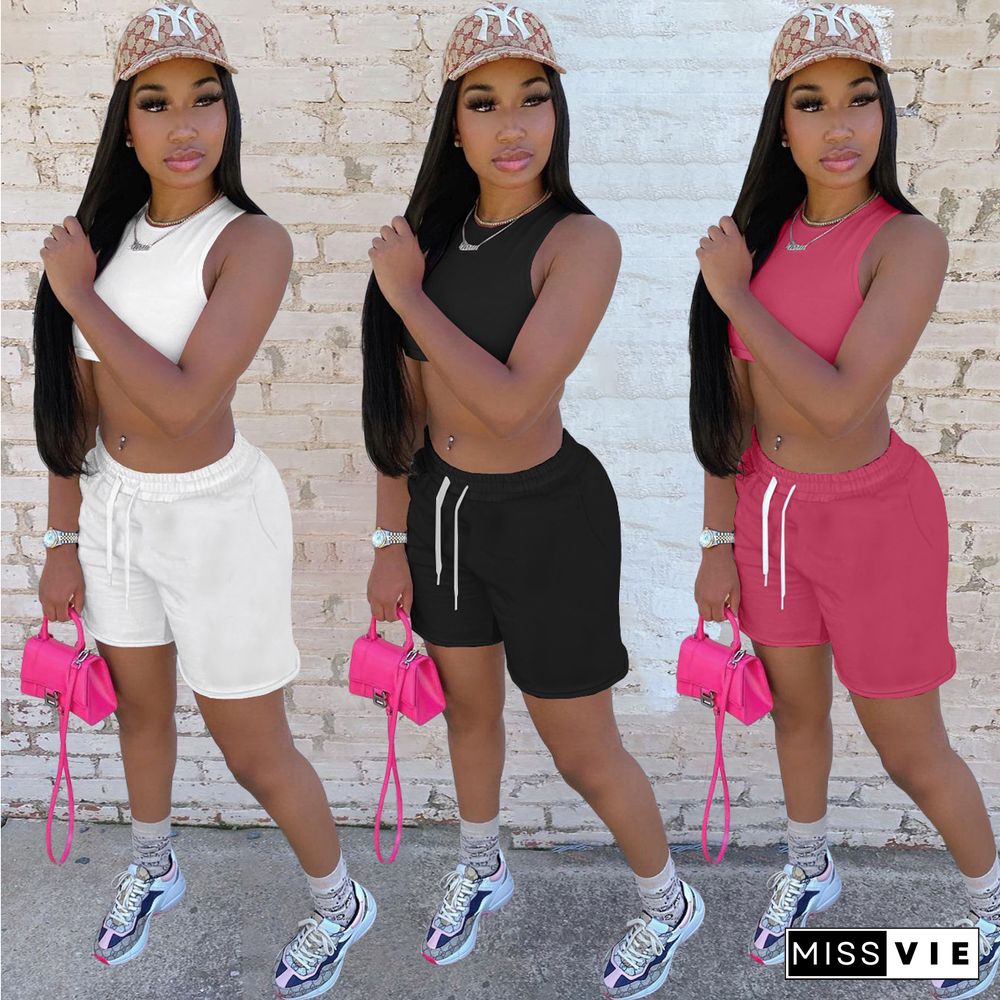 Summer Solid Sleeveless Vest Crop Top Lace Up Elastic Waist Shorts Women Fitness Two Piece Set