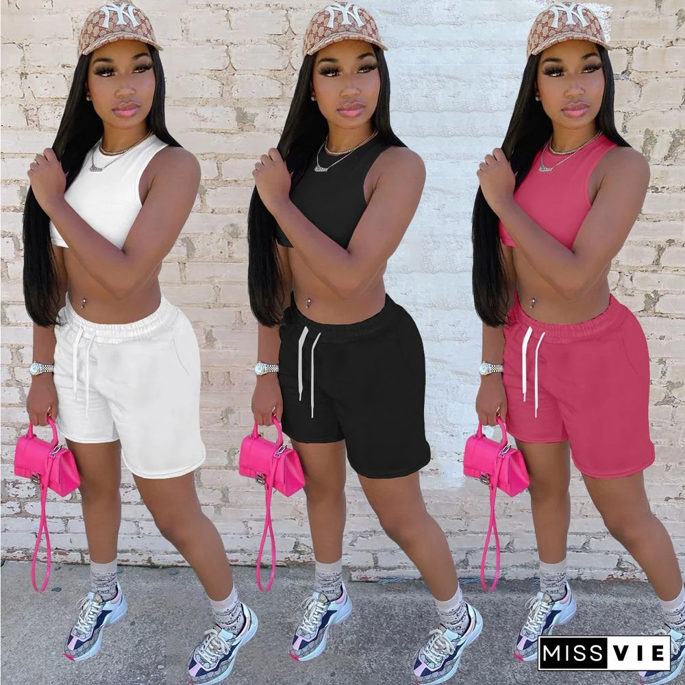 Summer Solid Sleeveless Vest Crop Top Lace Up Elastic Waist Shorts Women Fitness Two Piece Set
