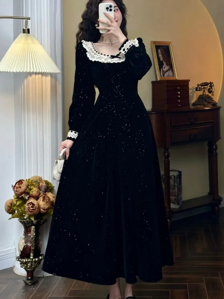 Elegant Velvet Midi Dress Women Lace Patchwork Square Collar A-line French Vintage Evening Party Prom Robe Vestidos Mujer New