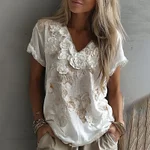 Women's White Rose Embroidery Art V-neck Short Sleeve T-shirt - Image 2