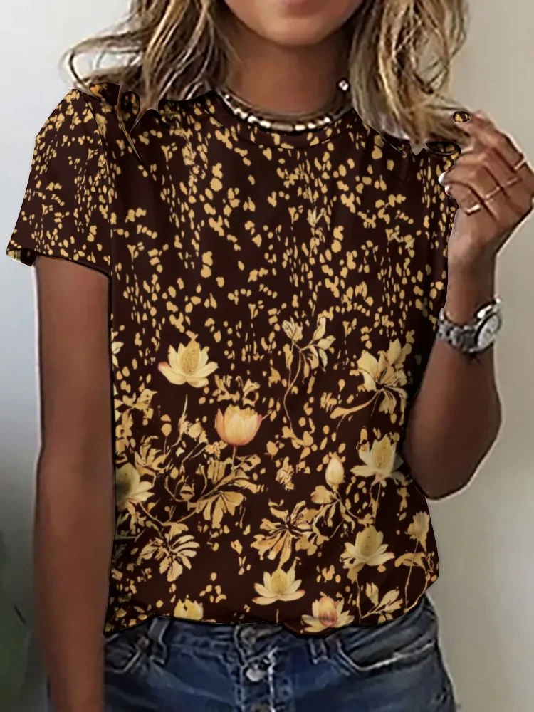Printed Short Sleeve Casual T-shirt for  Women and Men Unisex Pattern Black,Khaki,Floral