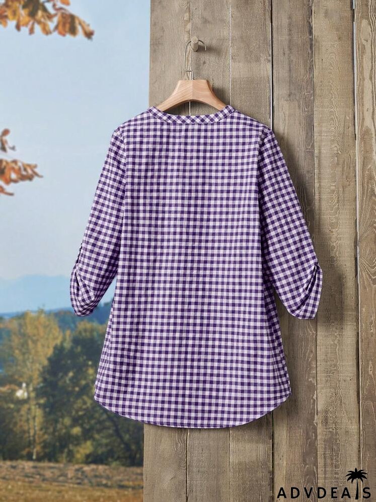 Gingham Print Half Button Roll Tab Sleeve Blouse