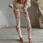 Women's Vintage Pink Floral Art Cozy Knit Leggings - Image 2