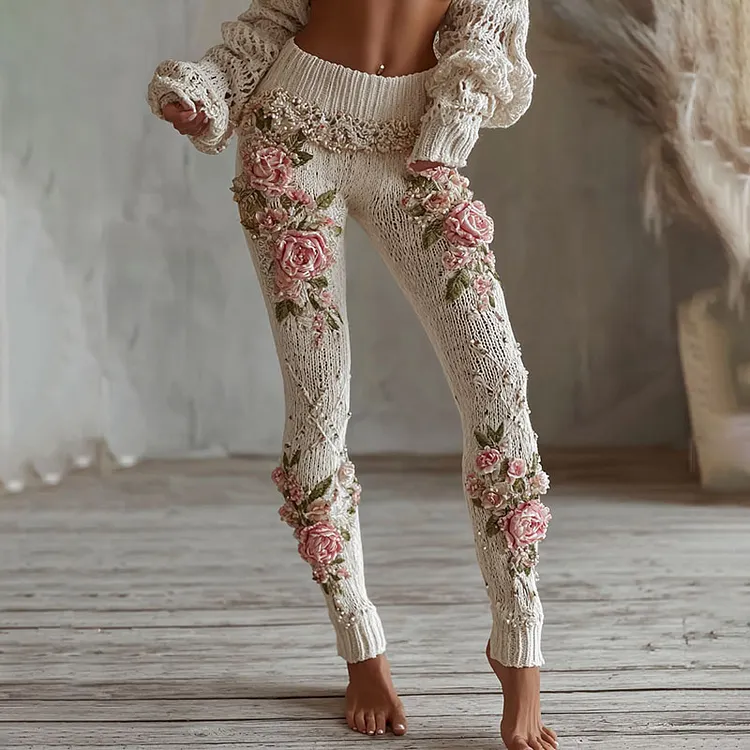 Women's Vintage Pink Floral Art Cozy Knit Leggings