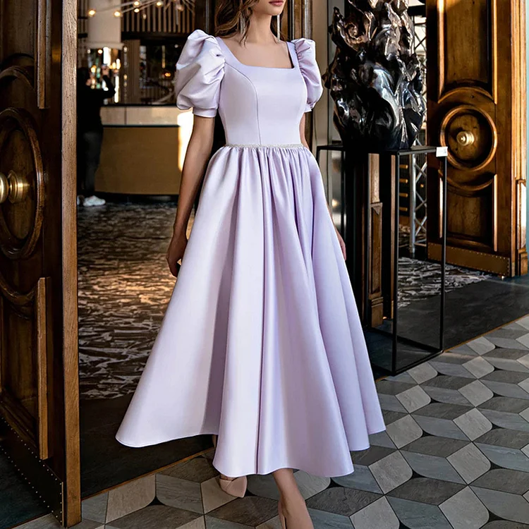 Square Neck Elegant Dress Puff Sleeve Ruffle Prom Dresses