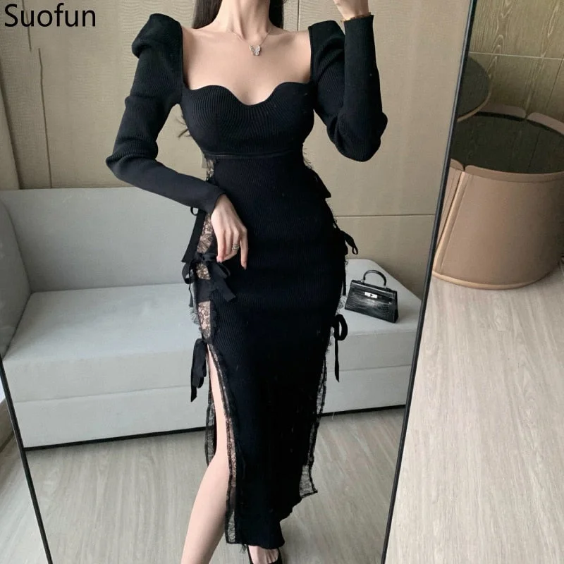 Suofun 2021 New Fashion Women's Asymmetric Cotton Knitted Sexy Dress Drawstring Lace Stitching Waist Split Hip Fit Party Dress