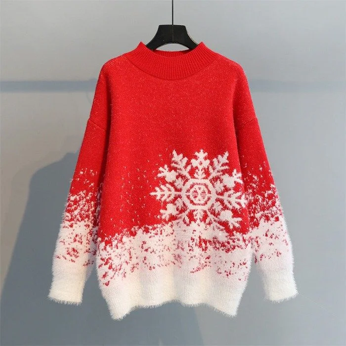 Snowflake Pattern Colored Christmas Knit Pullover Sweater