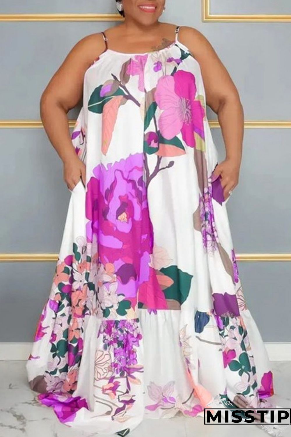 Rose Red Casual Print Backless Spaghetti Strap Long Dress Plus Size Dresses