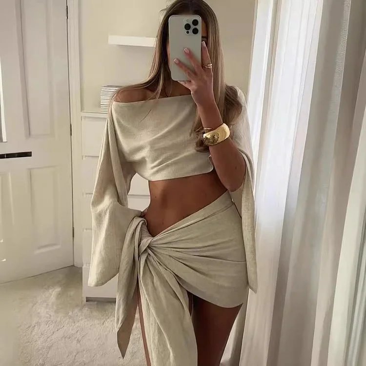 Oblique Shoulder Casual Top and Sarong