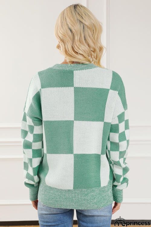Checkered Drop Shoulder Long Sleeve Sweater