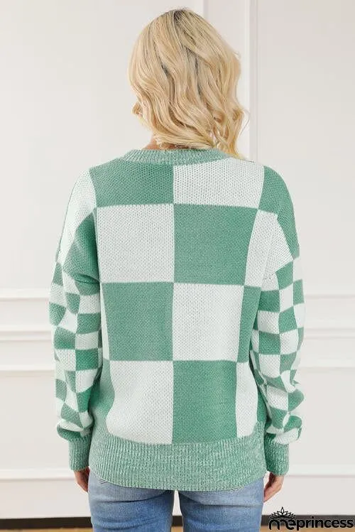 Checkered Drop Shoulder Long Sleeve Sweater